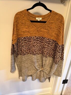 Umgee Mustard and Leopard Colorblock V-Neck Knit Top